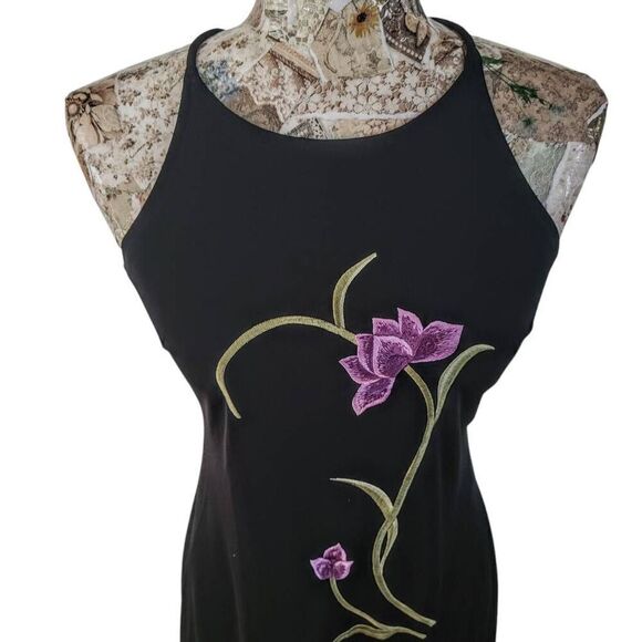 Long Black Gown with Lavender Embroidered Flowers and Crisscross Back Maxi Dress - Picture 7 of 15